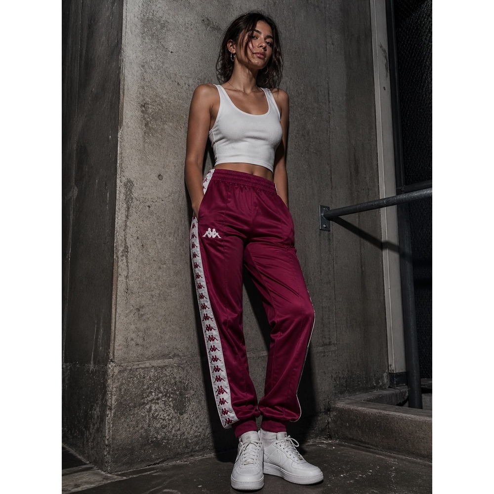 Kappa Maroon Logo Tape Track Pants Joggers Zipper Ankle Womens Medium